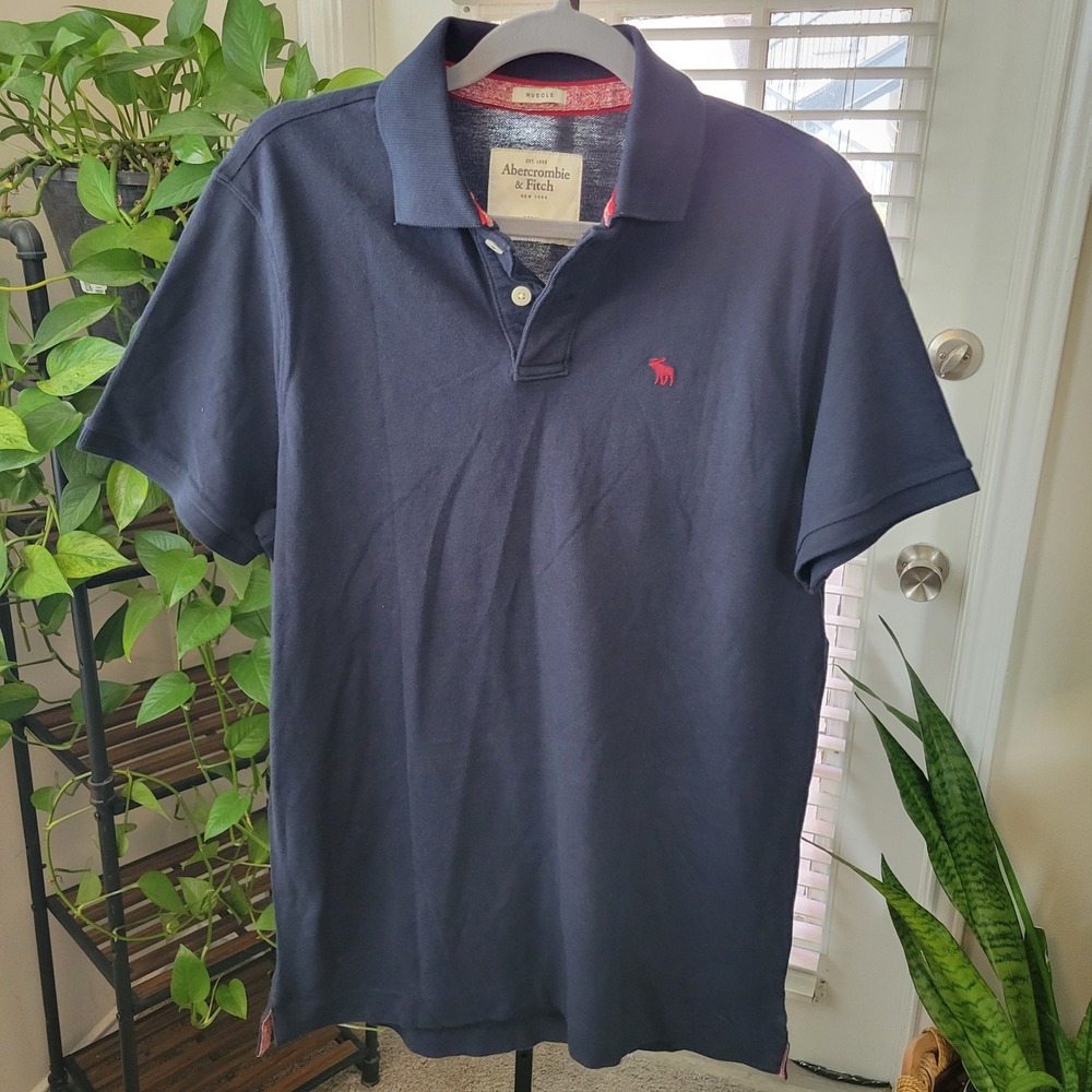 Abercrombie & Fitch Mens XXL Muscle Fit Polo Shirt Navy Blue Cotton Pique Logo